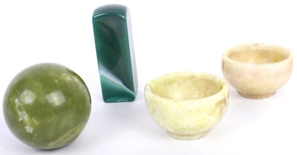 ASIAN ASSORTED CUPS AND SCROLL WEIGHT - LOT OF 4: ASIAN ASSORTED CUPS AND SCROLL WEIGHT - LOT OF 4 Asian assorted cups and scroll weight - lot of 4. To include; 2 soapstone cups, one green scroll paper weight, and one mineral sphere, possibly jade.Si