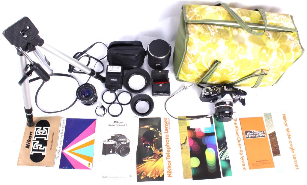 NIKON FE CAMERA AND TRIPOD SET WITH 27 PIECES: NIKON FE CAMERA AND TRIPOD SET WITH 27 PIECES Nikon camera and tripod set with 27 pieces. To include; one Ultra Wideangle lens f = 17mm, Spiratone Pluracoat 1:3.5 with protective cover and case, one N