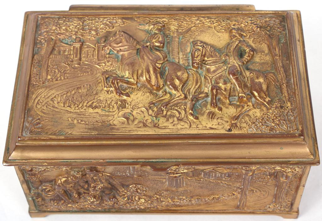 DECORATIVE JEWELRY BOXES & SCULPTURE- LOT OF 4: DECORATIVE JEWELRY BOXES & SCULPTURE- LOT OF 4 Decorative jewelry boxes and sculpture - lot of 4. To include; one glass jewelry box with mirror, one Egyptian sculpture, one jewelry box with carved des