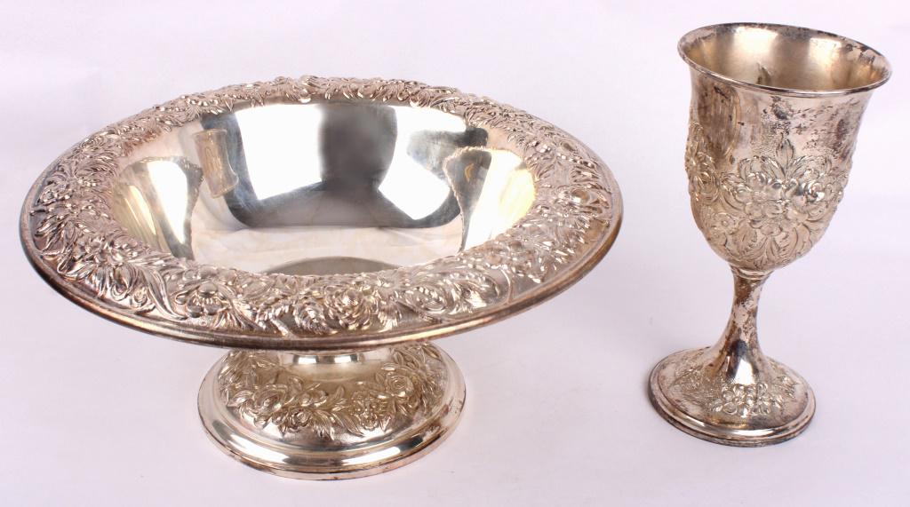 S.KIRK & SON STERLING PEDASTAL COMPOTE & CHALICE: S.KIRK & SON STERLING PEDASTAL COMPOTE & CHALICE Floral repousse sterling silver pedestal compote and matching chalice by S. Kirk & Son. Chalice numbered 72F and compote numbered 32AF.Weight: 726.8 Gr