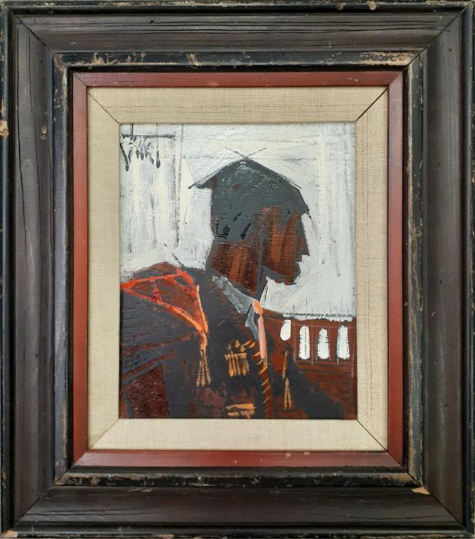 VANGUARD STUDIOS STUART BURR SIGNED OIL PAINTING: VANGUARD STUDIOS STUART BURR SIGNED OIL PAINTING Stuart Burr oil painting depicting a man. Signed on top left and framed in wood and canvas. Size: 15 X 17"Condition: Frame scratched and chipped.