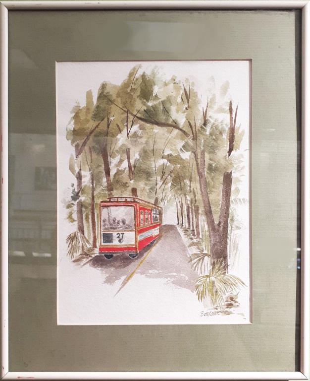 BETTY WEISE SIGNED WATERCOLOR PAINTING: BETTY WEISE SIGNED WATERCOLOR PAINTING Betty Weise (American, 1934-2018) signed watercolor painting in metal and glass frame. Depicts vintage bus on forested road. Size: 13.75 X 11.25"Condition: Very 