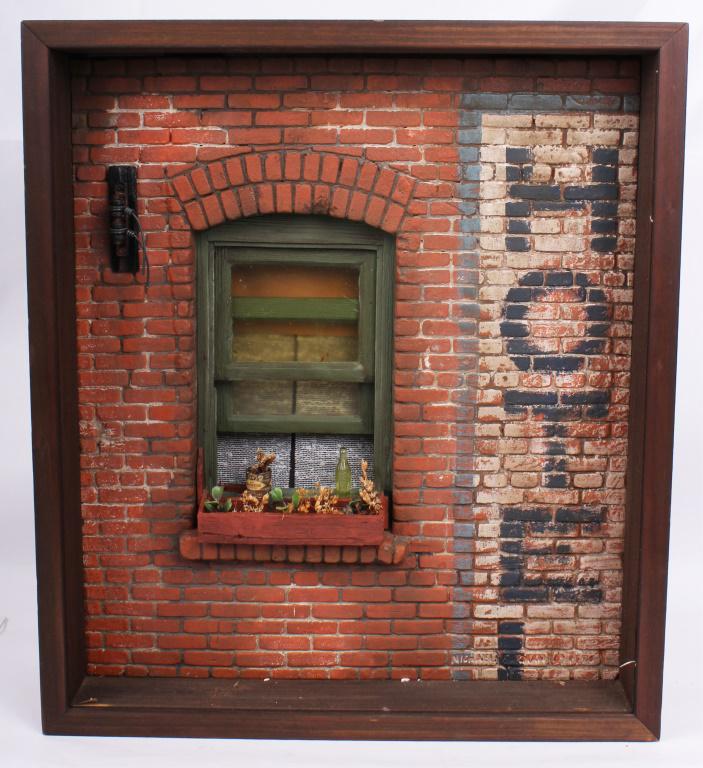 MICHAEL GARMAN CITYSCAPE HOTEL SHADOWBOX SCULPTURE: MICHAEL GARMAN CITYSCAPE HOTEL SHADOWBOX SCULPTURE Michael Garman (1938 - present, American) cityscape hotel shadowbox. Garman is known for his realistic “miniature” cityscapes often depicting the