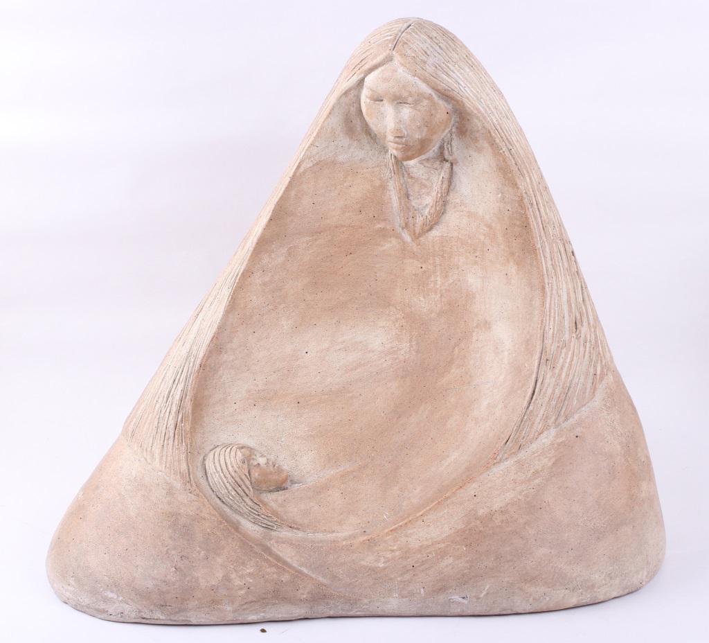 ACOMA PUEBLO NATIVE AMERICAN SCULPTURE: ACOMA PUEBLO NATIVE AMERICAN SCULPTURE Acoma Pueblo Native American Indian sculpture of a mother and child by Austin Prod. Inc. Titled on the reverse "Acoma". Sand cast. Size: 13.5"Condition: Very fin