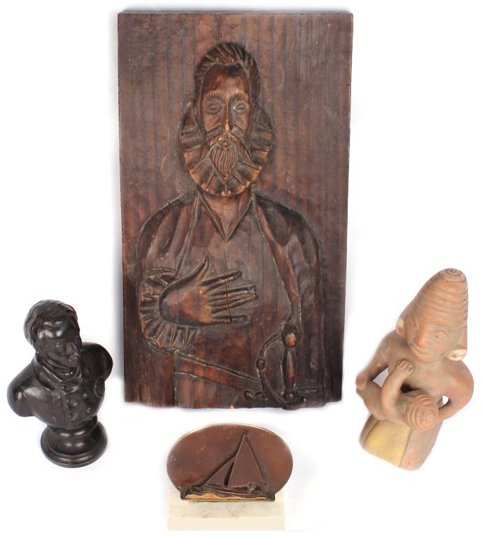 ASSORTED VINTAGE SCULPTURE & STATUARY - LOT OF 4: ASSORTED VINTAGE SCULPTURE & STATUARY - LOT OF 4 Assorted collectible statuary and sculpture to include a hanging hand carved wood portrait depicting a Spanish conquistador, a circular brass sailboat 
