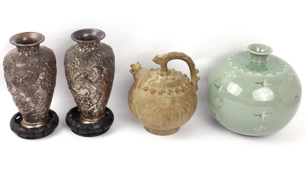ASIAN VASES AND TEAPOT - LOT OF 6: ASIAN VASES AND TEAPOT - LOT OF 6 Assorted Asian tableware to include a celadon crackle glaze decorative vase, a ceramic pitcher vessel, two metal alloy embossed vases, and two Asian stands.Size: 7" T