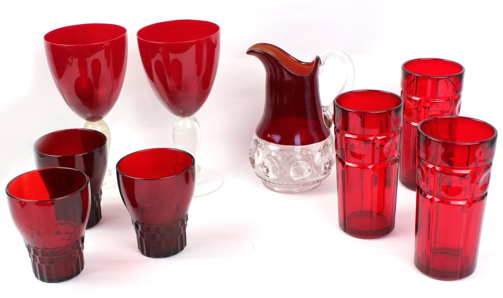 RUBY RED GLASS COLLECTION - PITCHER & GLASSES: RUBY RED GLASS COLLECTION - PITCHER & GLASSES Ruby red glass collection to include one partial ruby stain cut glass mini pitcher, 2 red and clear glass wine goblets, 3 tall red cut glasses, and 3 red