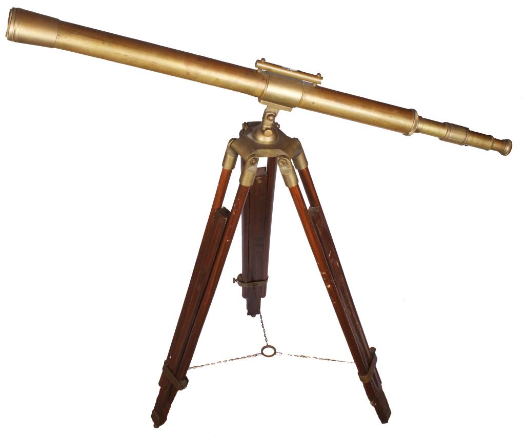BRASS REFRACTING TELESCOPE W/ TRIPOD LEGS: BRASS REFRACTING TELESCOPE W/ TRIPOD LEGS Brass refracting telescope with wood legs and brass parts. With a 1.75" lens aperture and 40" long body this telescope has adjustable tripod legs and the tele