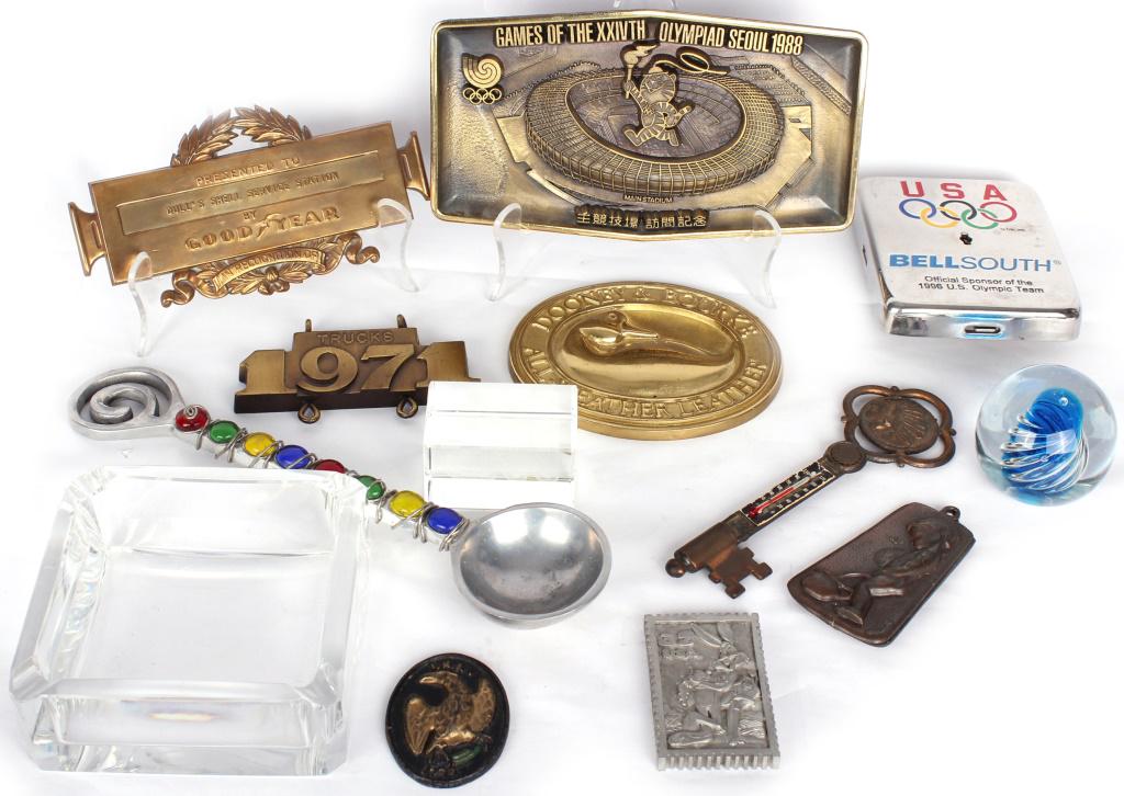 VINTAGE ASSORTED ESTATE COLLECTIBLES - LOT OF 13: VINTAGE ASSORTED ESTATE COLLECTIBLES - LOT OF 13 Assorted vintage collectibles including one Bugs Bunny die stamp, one art glass & steel decorative spoon, one iron thermometer key, crystal paperweight