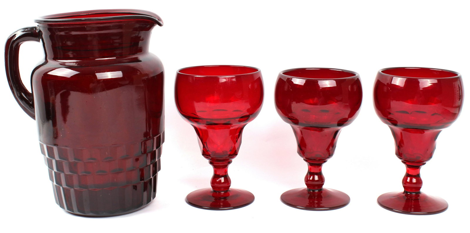 WINDSOR ROYAL RUBY RED CUBIST PITCHER & GOBLETS: WINDSOR ROYAL RUBY RED CUBIST PITCHER & GOBLETS Windsor Royal ruby red cubist style pitcher with 3 matching goblets. Size: 8" pitcher