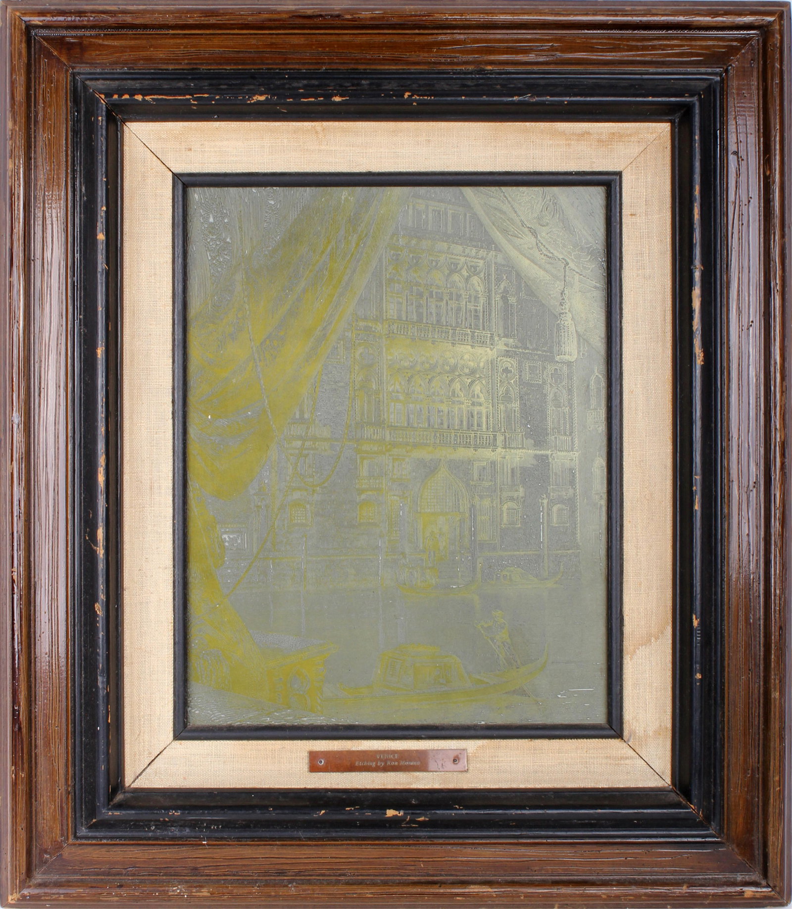 RON MORANO METAL ETCHING TITLED "VENICE": RON MORANO METAL ETCHING TITLED "VENICE" Ron Morano (American) silver tone metal etching titled "Venice". Incredibly detailed. Frame has a brass name and title plate attached. Size: 11 X 14"