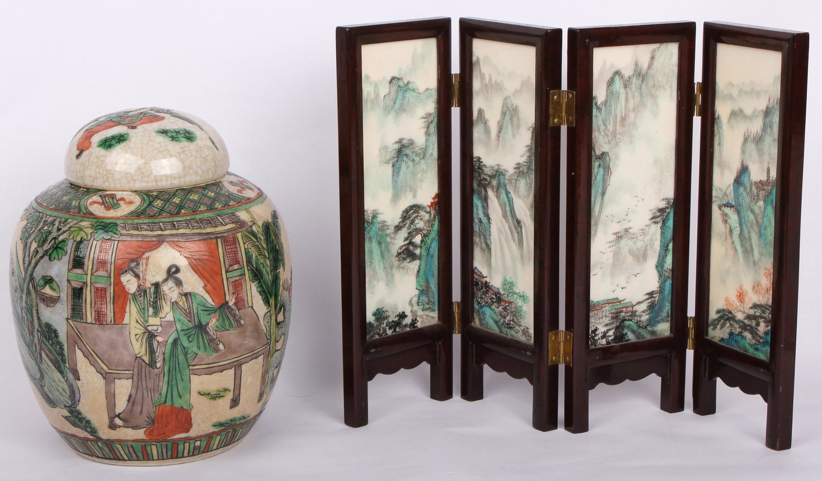JAPANESE PAINTED GINGER JAR & MARBLE TEA SCREEN: JAPANESE PAINTED GINGER JAR & MARBLE TEA SCREEN Japanese hand painted ginger jar with lid and marble 4 section miniature tea screen / table top screen with wood frame to hold the panels. Size: 9" tall