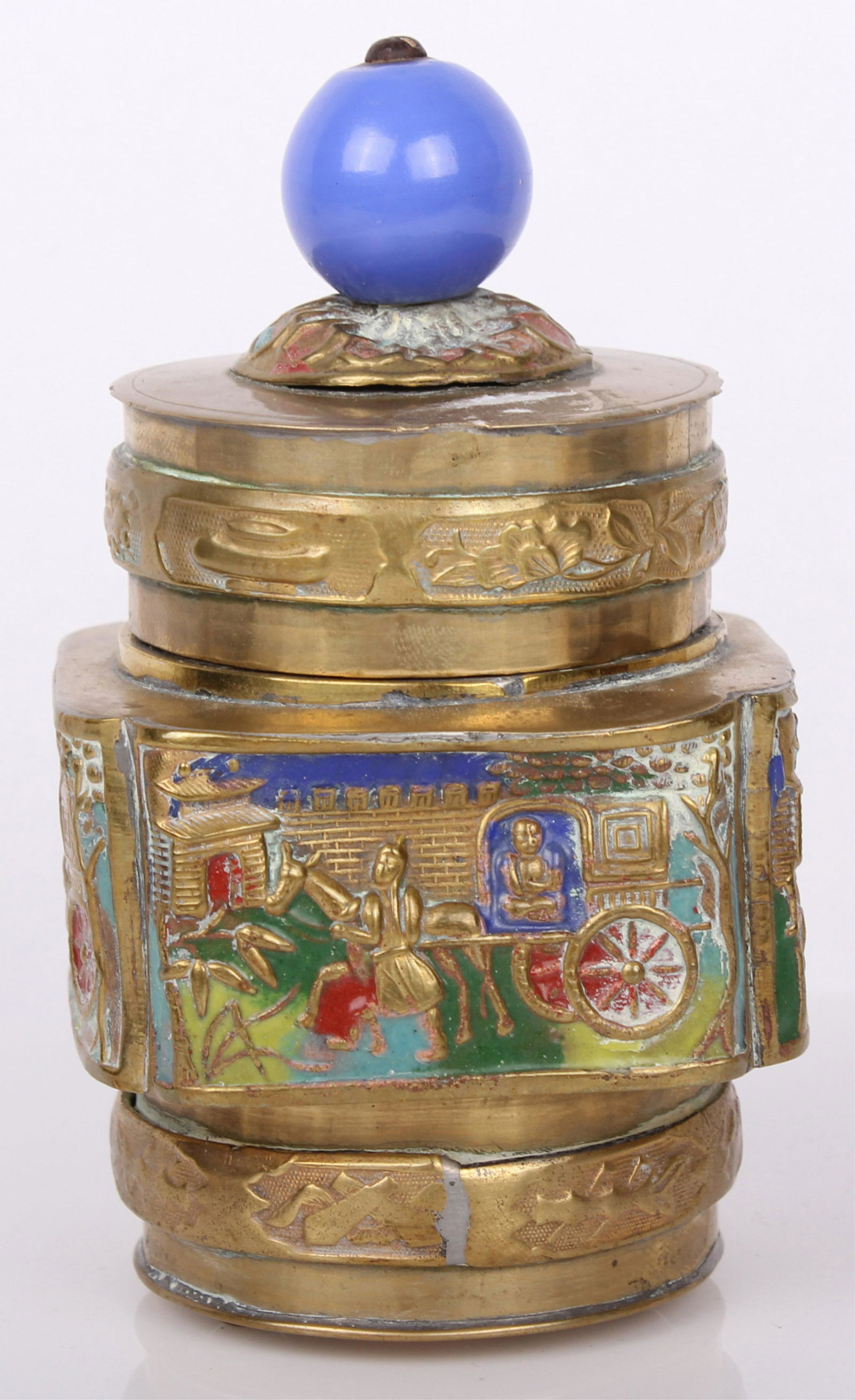 CHINESE ANTIQUE BRASS HAND PAINTED OPIUM JAR: CHINESE ANTIQUE BRASS HAND PAINTED OPIUM JAR Chinese antique brass hand painted opium jar with lid. Marked to the underside. Size: 4.5" Tall