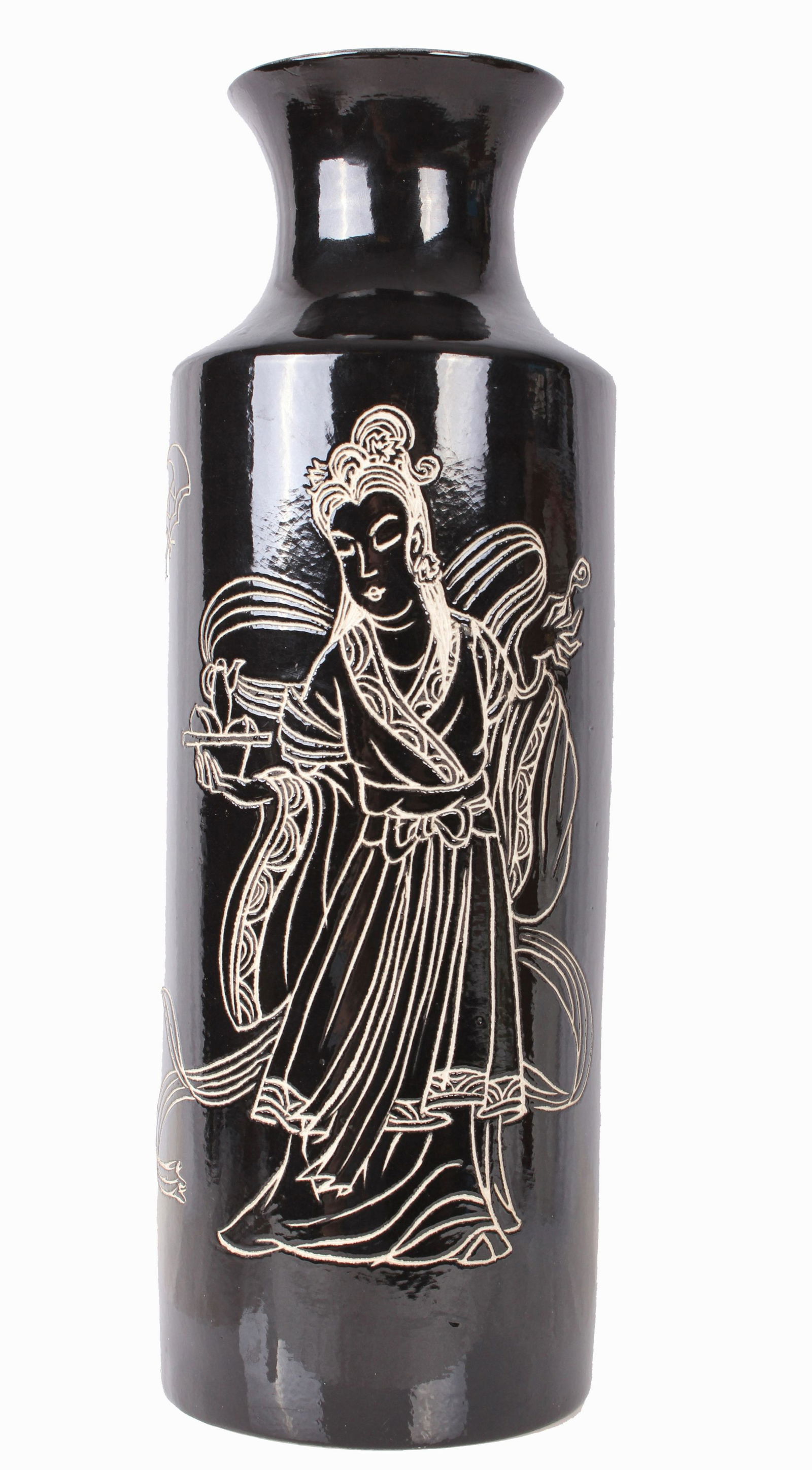 CHINESE ANTIQUE BLACK PORCELAIN VASE W/ POEM: CHINESE ANTIQUE BLACK PORCELAIN VASE W/ POEM Chinese black porcelain vase with a poem and carved figure of Wang Mu. The poem is an old Chinese story about the goddess Wang Mu who was harvesting peache