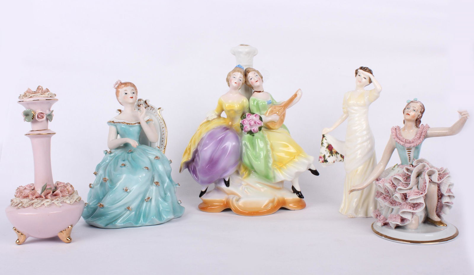 FINE PORCELAIN COLLECTIBLES - LOT OF 5: FINE PORCELAIN COLLECTIBLES - LOT OF 5 Fine porcelain collectibles to include 1 Noritake seated lady sculpture, 1 Seated Ballerina made in England, 1 lidded perfume bottle with 2 women sitting on a co
