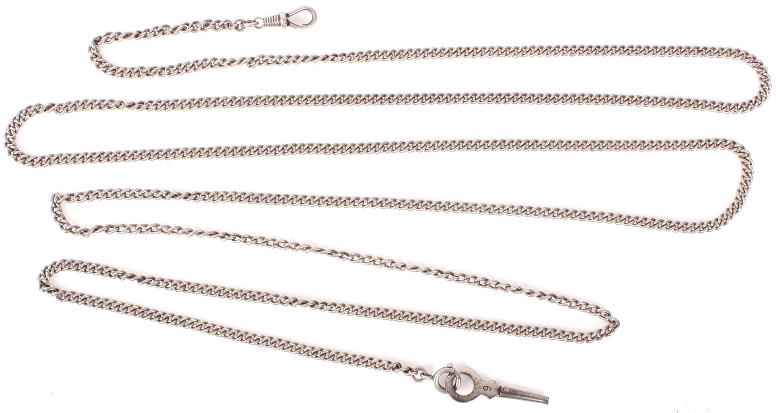 LARGE .800 SILVER POCKET WATCH CHAIN FOB - 62": 97179LARGE .800 SILVER POCKET WATCH CHAIN FOB - 62" .800 silver pocket watch chain, a large 62" in length. Winding key included. Weight: 64.2 grams Size: 4mm links