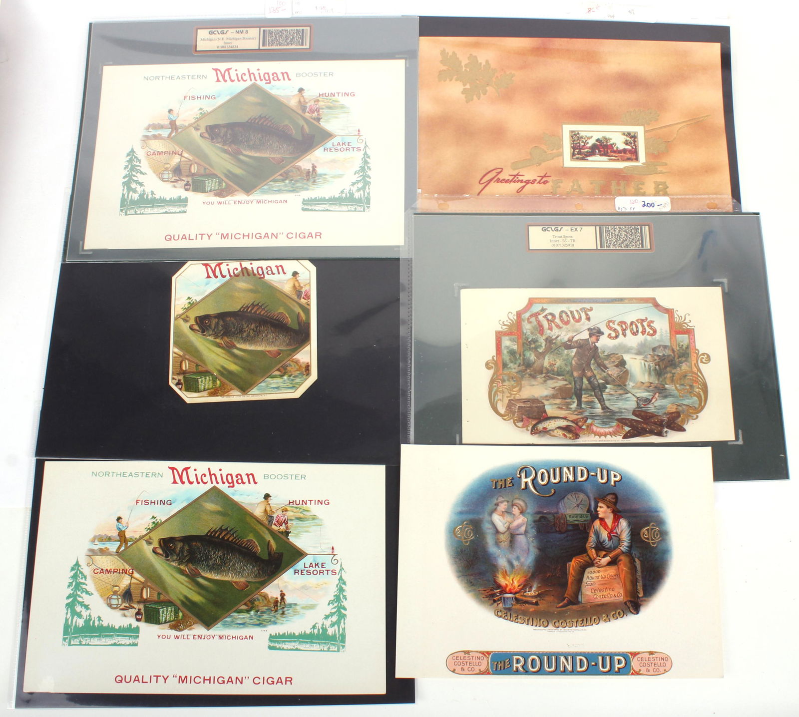 ANTIQUE CIGAR BOX LABEL ART - LOT OF 6: 97208ANTIQUE CIGAR BOX LABEL ART - LOT OF 6 Antique cigar label art to include one Celestino Costello & Co. "The Round Up" embossed litho, three Moehle Litho Northeastern Michigan Booster "Quality Mic