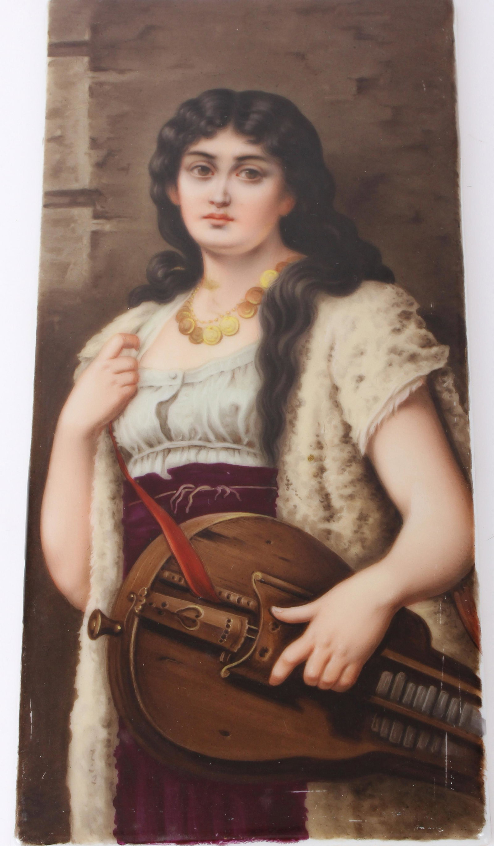 GESETZLICH GESCHUETZT GERMAN CERAMIC TILE: 97218GESETZLICH GESCHUETZT GERMAN CERAMIC TILE Gesetzlich Geschuetzt German ceramic tile with stamp ad heard to the reverse that reads "Savoyarden madchen." Size: 8" Tall