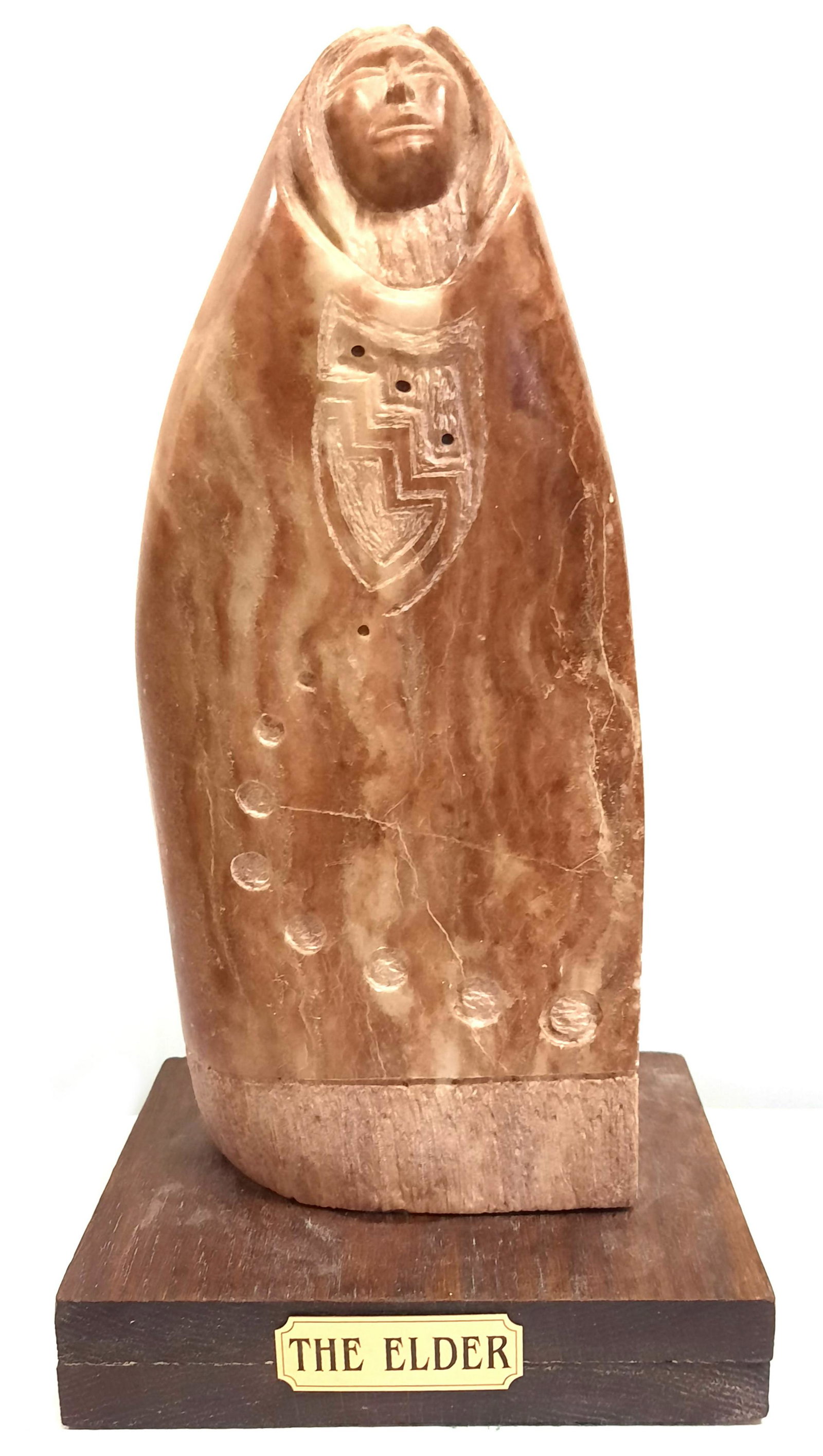 P CHOPITO NATIVE AMERICAN SCULPTURE - THE ELDER: 97221P CHOPITO NATIVE AMERICAN SCULPTURE - THE ELDER "The Elder" P Chopito signed native American alabaster sculpture with plaque. Size: 13.5" Tall