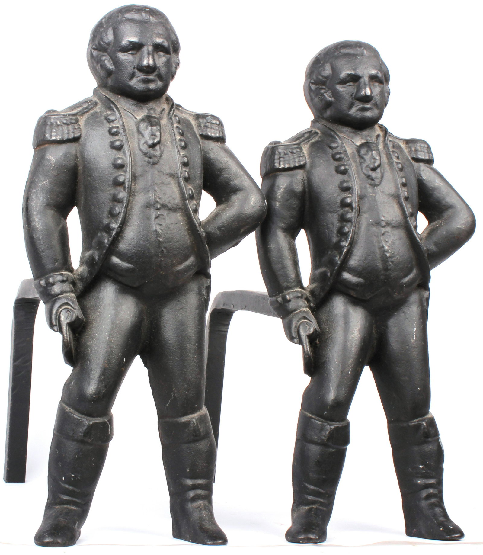 ANTIQUE 19TH C.GEORGE WASHINGTON CAST ANDIRONS: 97228ANTIQUE 19TH C.GEORGE WASHINGTON CAST ANDIRONS Antique George Washington black cast iron Andirons firedogs from the late 1800's. Feet measure 12" in length. Size: 15 X 7"