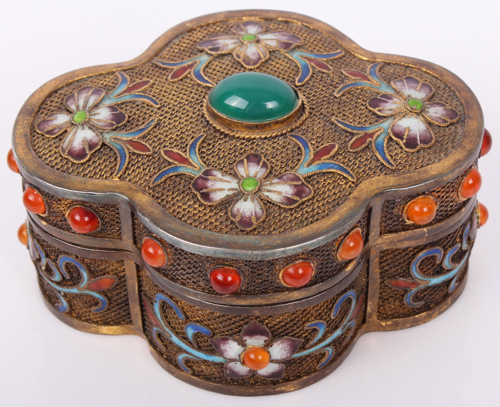 MIDDLE EASTERN BRASS FILIGREE STONE JEWELRY BOX: 97239MIDDLE EASTERN BRASS FILIGREE STONE JEWELRY BOX Middle Eastern brass filigree inset stone jewelry box with floral design. Size: 4" Width