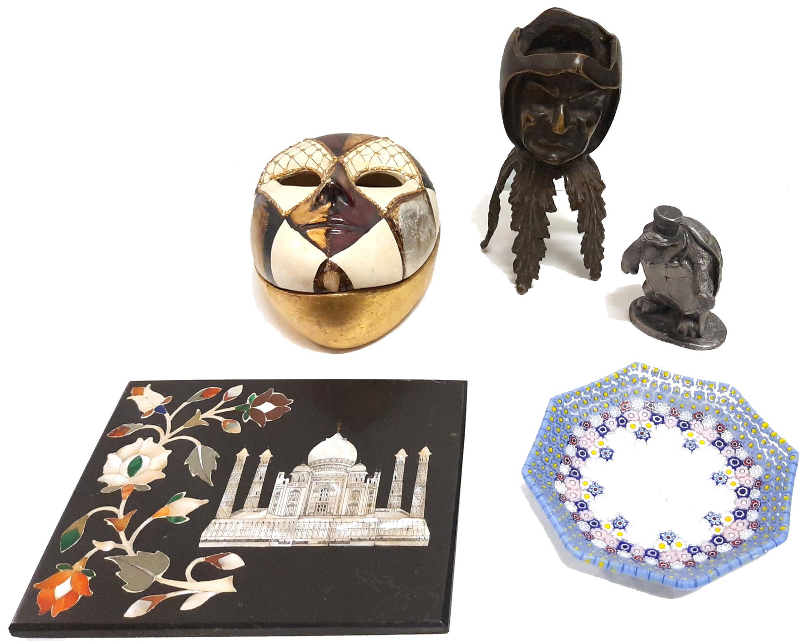ASSORTED AUCTION ITEMS - TURTLE, JEWELRY DISH, ETC: 97240ASSORTED AUCTION ITEMS - TURTLE, JEWELRY DISH, ETC Assorted auction items including one pewter turtle sculpture, one jewelry dish, one Venetian carnival mask clay jewelry box, one Taj Mahal decor