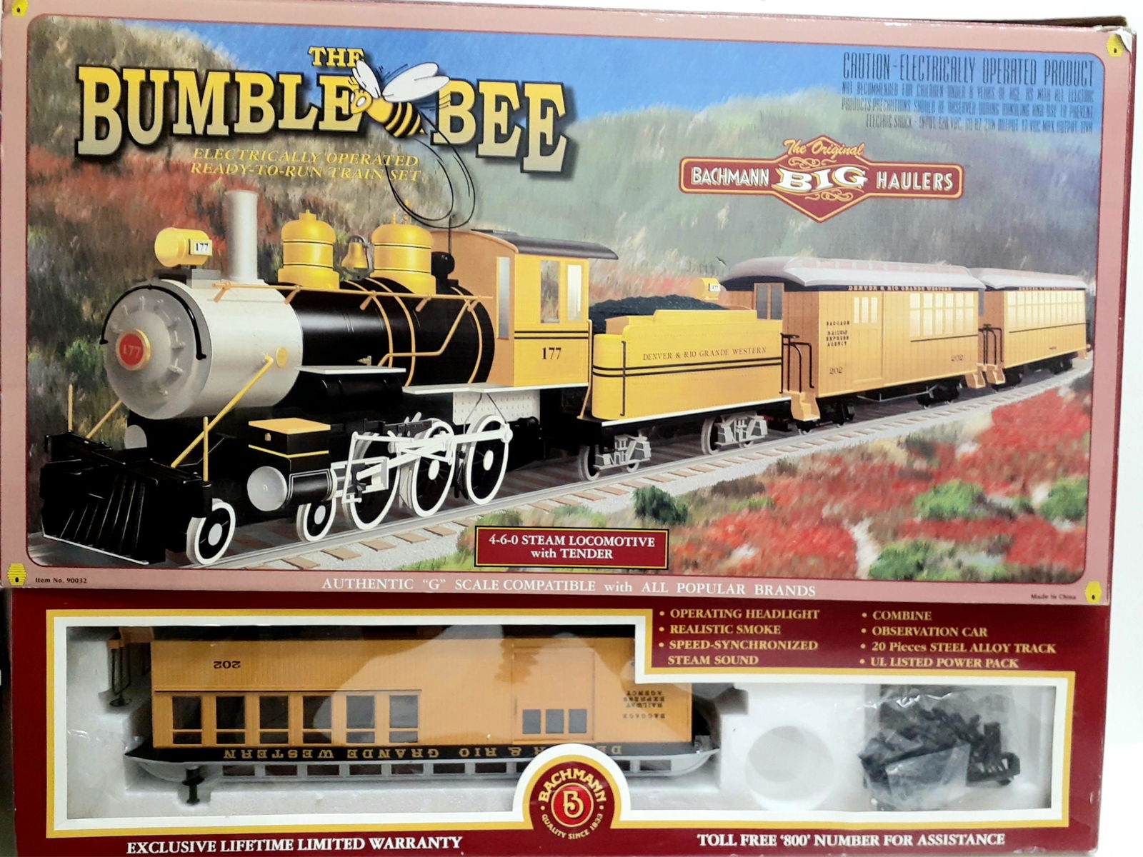 BUMBLE BEE ELECTRIC TRAIN LOCOMOTIVE SET #90032: 97325aBUMBLE BEE ELECTRIC TRAIN LOCOMOTIVE SET #90032 The Bumble Bee electric train set by Bachman Big Haulers with 4-6-0 steam locomotive and coal tender. Authentic "G" scale detailed cars with 20 fe
