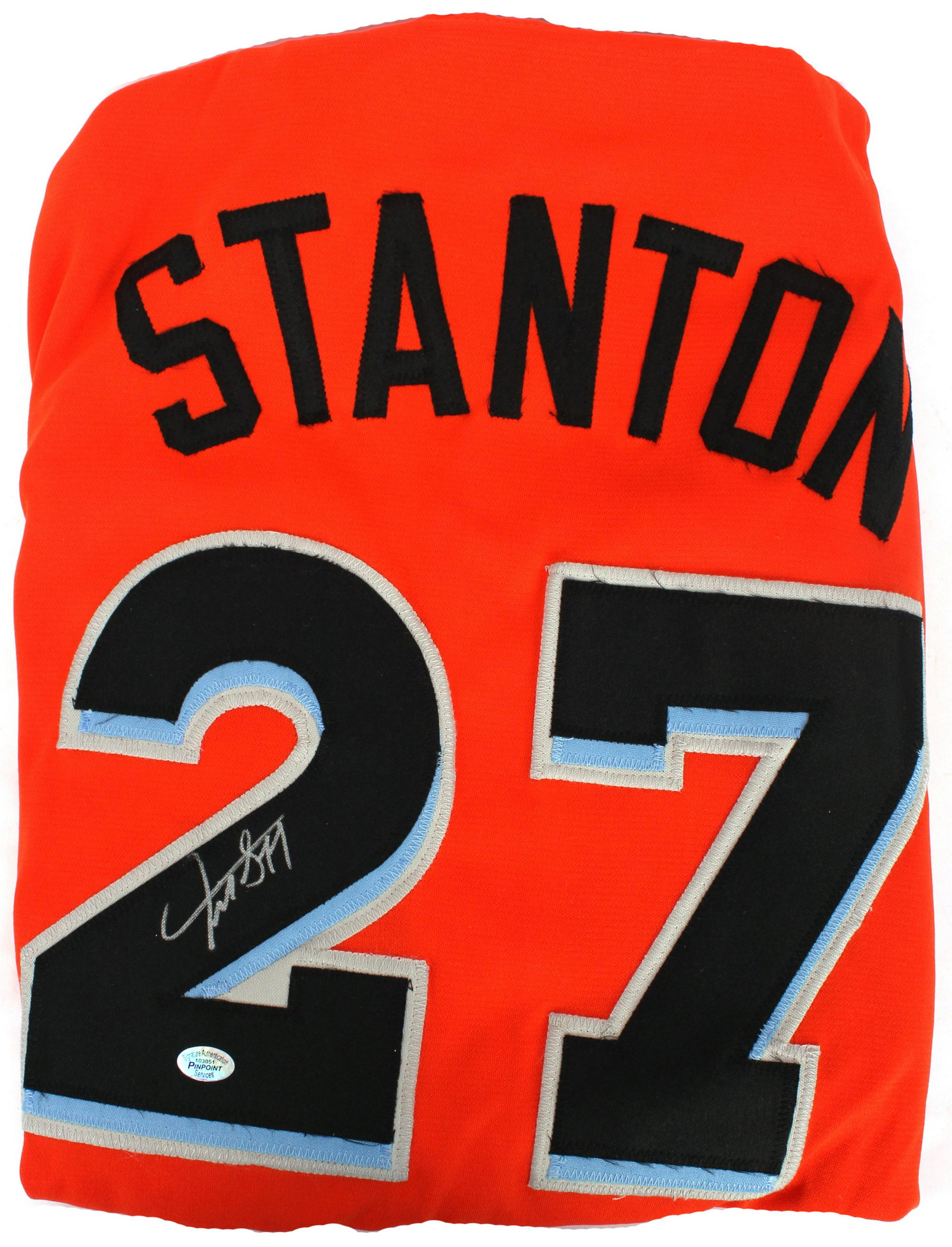 GIANCARLO STANTON AUTOGRAPHED MARLINS #27 JERSEY: 97349GIANCARLO STANTON AUTOGRAPHED MARLINS #27 JERSEY Giancarlo Stanton autographed Florida Marlins #27 orange jersey with certificate of authenticity.