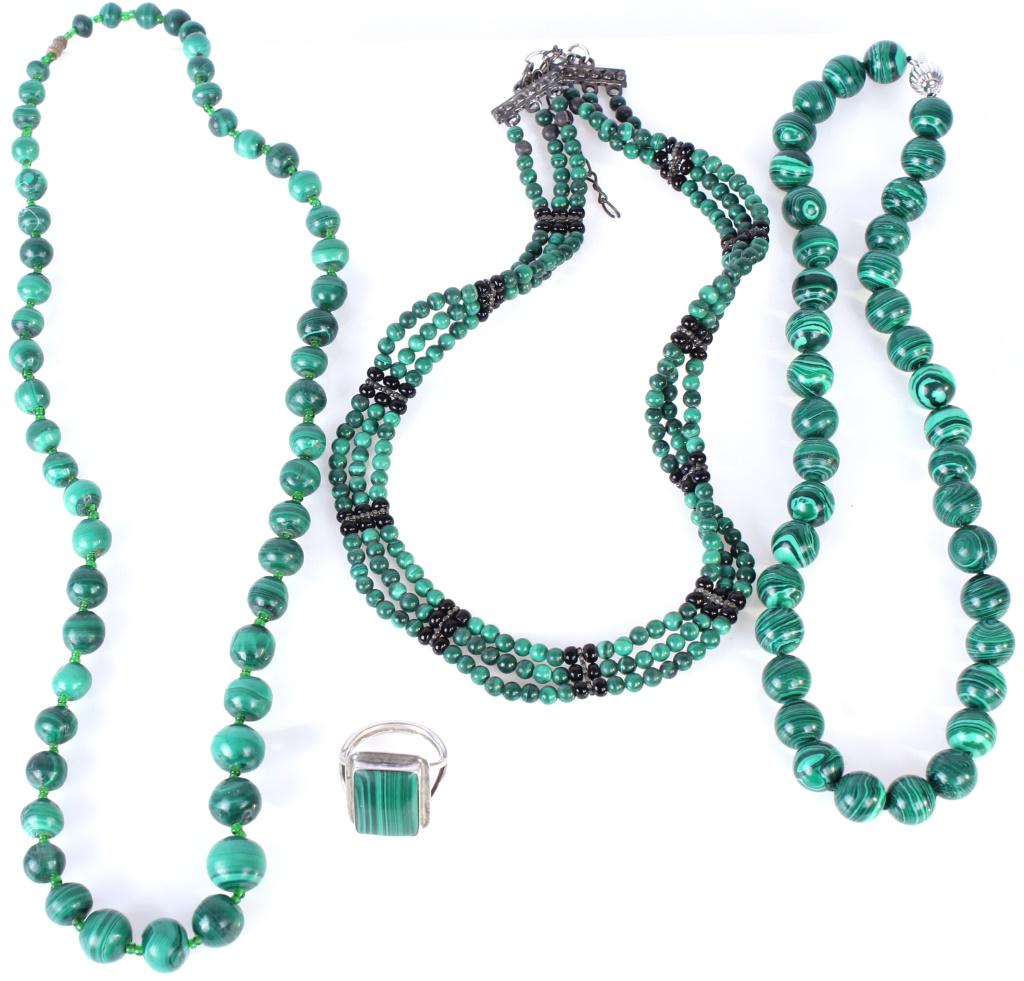 LADIES GREEN MALACHITE BEADED NECKLACES & RING - (4): LADIES GREEN MALACHITE BEADED NECKLACES & RING - (4) Lot of three polished green malachite beaded necklaces and a sterling silver malachite ring. Weight: 164 grams Size: 20" Condition: Fine.
