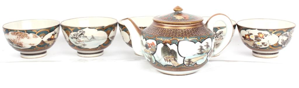 CHINESE 20TH C HAND PAINTED LANDSCAPE TEA SET: CHINESE 20TH C HAND PAINTED LANDSCAPE TEA SET Chinese early 20th C hand painted porcelain gold gilt landscape scene tea set. To include one teapot and five teacups. Size: 5" Largest Condition: Very fi