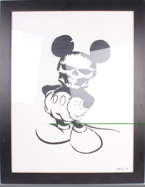 MICKEY MOUSE SKULL GRAFFITI ART BY KRYST W/ COA: MICKEY MOUSE SKULL GRAFFITI ART BY KRYST W/ COA Mickey Mouse with skull face spray paint graffiti art Kryst titled "Two Faced #5 of 50" on 98lb paper. With a renowned style, Kryst is a freelance artis
