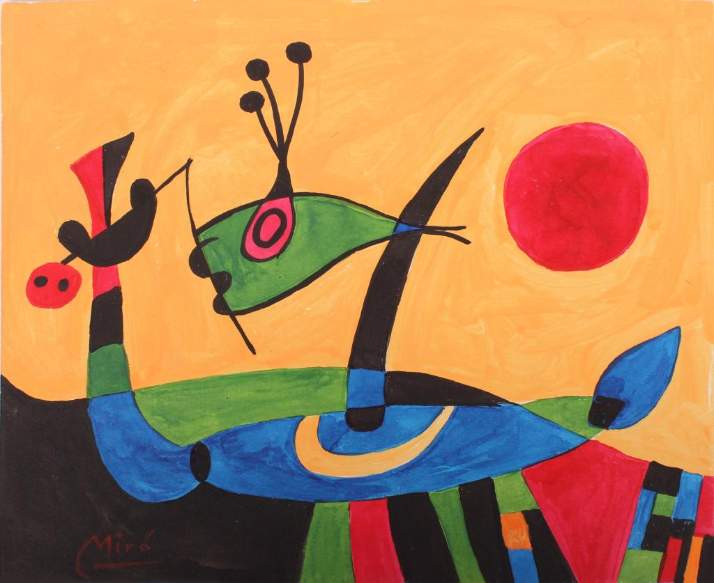 JOAN MIRO AUTHENTICATED MUSEUM REPLICA PAINTING: JOAN MIRO AUTHENTICATED MUSEUM REPLICA PAINTING Joan Miro authenticated museum replica tempera painting with Certificate of authenticity, transfer of title, and Art Certificate. Condition: Very fine