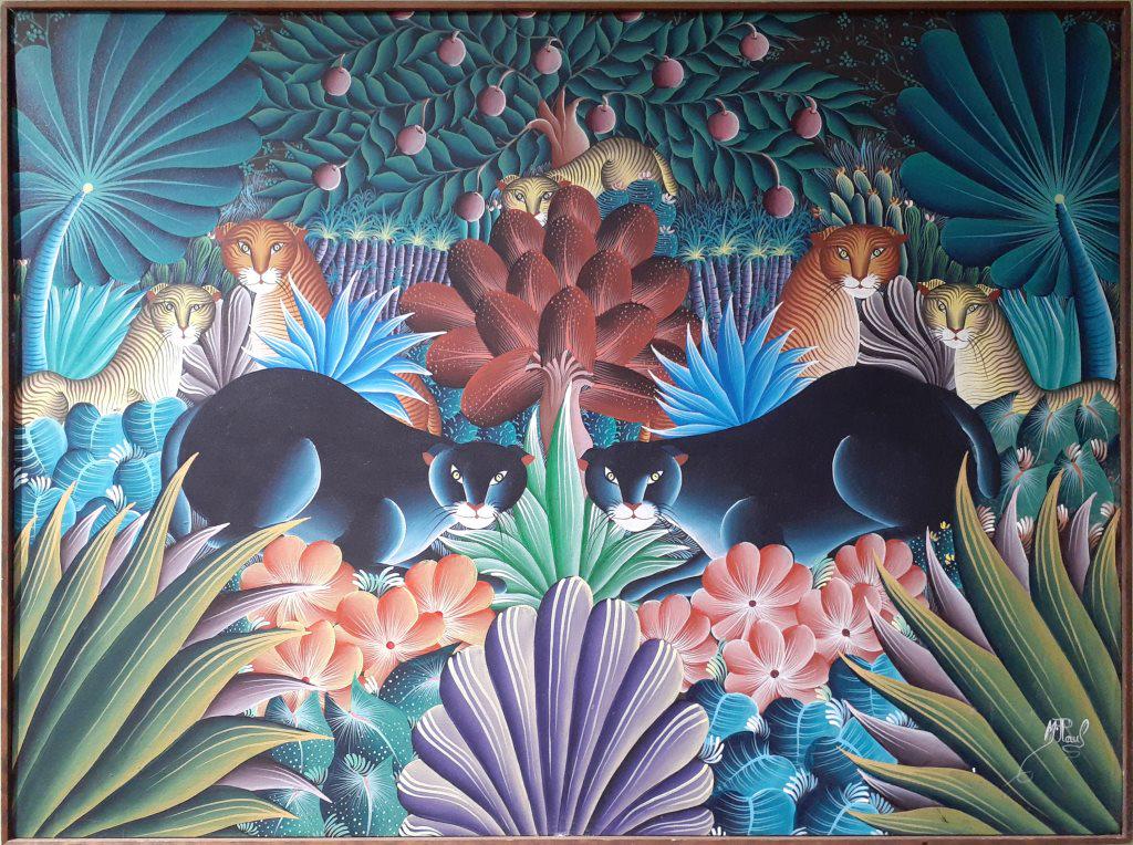 M. PAUL ACRYLIC SURREAL JUNGLE INSPIRED PAINTING: M. PAUL ACRYLIC SURREAL JUNGLE INSPIRED PAINTING M. Paul acrylic animal painting in the style of Henri Rousseou of a deep jungle scene. Size: 39.5" X 29.5" Condition: Very fine.