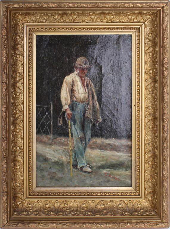 CARL WEBER OIL PAINTING - OLD MAN ON A ROAD: CARL WEBER OIL PAINTING - OLD MAN ON A ROAD Oil painting done by Carl Weber (1850-1821). Weber was born in Philadelphia in 1850 to a German father who also painted. His cousin was a famous painter as 