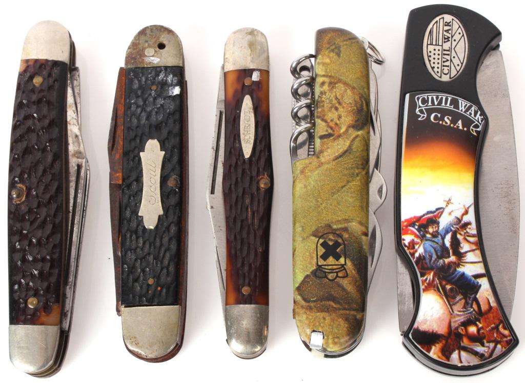 VINTAGE POCKET KNIVES - KUTMASTER, SHRADE, SCOUT: VINTAGE POCKET KNIVES - KUTMASTER, SHRADE, SCOUT Lot of 5 vintage pocket utility knives to include a Kutmaster stockman knife, Shrade NY knife, Scout pocket knife, a camo Swiss Army utility pocket kni