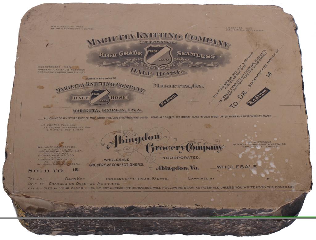 ADVERTISING PRINT BLOCK - LITHOGRAPHIC LIMESTONE: ADVERTISING PRINT BLOCK - LITHOGRAPHIC LIMESTONE Lithographic limestone advertising print block for Marietta Knitting Company, Abingdon Grocery Company, Sunlight Gin, and Old Clemmons Whiskey. Size: 7