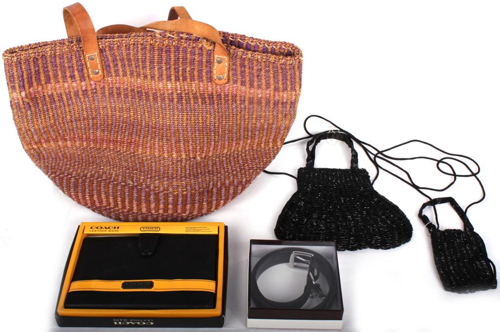 ASSORTED CLOTHING ACCESSORIES - LOT OF 5: ASSORTED CLOTHING ACCESSORIES - LOT OF 5 Assorted clothing accessories to include, one Coach leather ware planner, one vintage hand woven purse with leather straps, one handcrafted coach dog collar, a