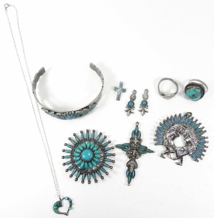 SOUTHWEST TURQUOISE & HOWLITE JEWELRY: SOUTHWEST TURQUOISE & HOWLITE JEWELRY Southwest turquoise & howlite jewelry rings, necklace, pendants, and cuff bracelet. Condition: Fine