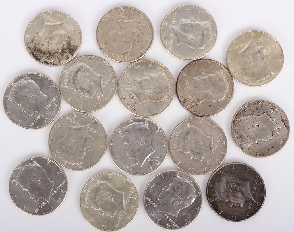 1964 JOHN F KENNEDY HALF DOLLARS - LOT OF 16: 1964 JOHN F KENNEDY HALF DOLLARS - LOT OF 16 1964 John F Kennedy half dollars. 1964 was the only year that half dollar coins were made with 90% silver, as he had been assassinated the year prior. Weig