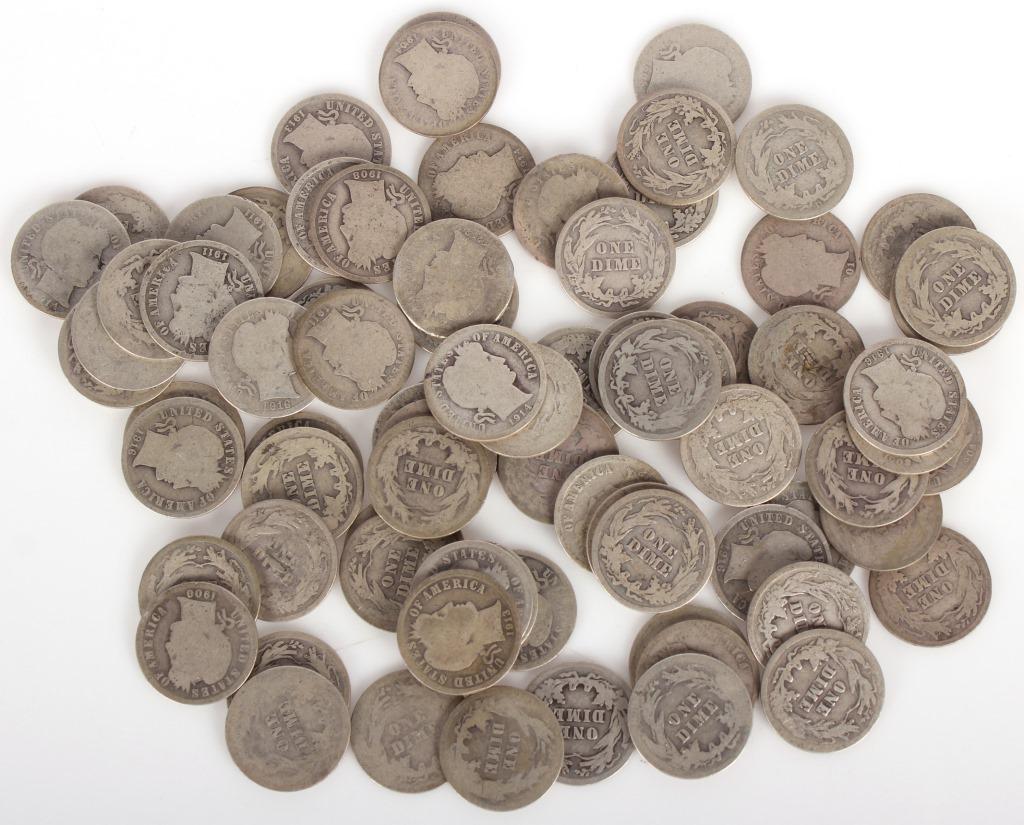 .900 SILVER BARBER DIMES - LOT OF 78: .900 SILVER BARBER DIMES - LOT OF 78 .900 silver Barber dimes. Barber dimes were minted between 1892 and 1916. Weight: 172.6 Grams Condition: Fine
