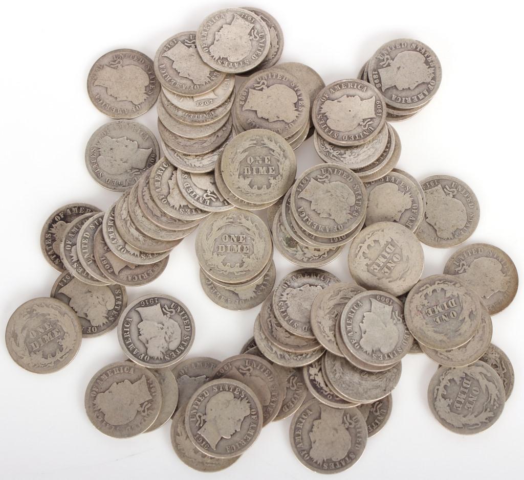 .900 SILVER BARBER DIMES - LOT OF 79: .900 SILVER BARBER DIMES - LOT OF 79 .900 silver Barber dimes. Barber dimes were minted between 1892 and 1916. Weight: 179.3 Grams Condition: Wear commensurate with age