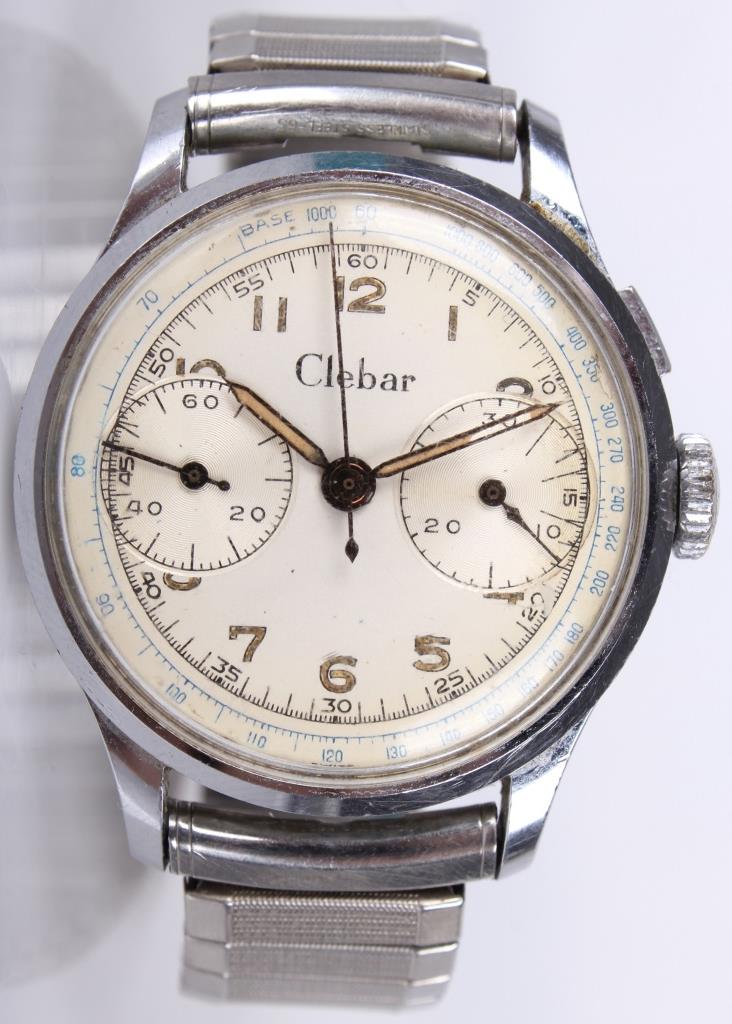 VINTAGE CLEBAR CHRONOGRAPH WRISTWATCH: VINTAGE CLEBAR CHRONOGRAPH WRISTWATCH Vintage Clebar Chronograph wristwatch with expandable 2 toned band. Obverse reads "Clebar" and reverse reads "Stainless Steel Back Base Metal". Weight: 62.6 Grams