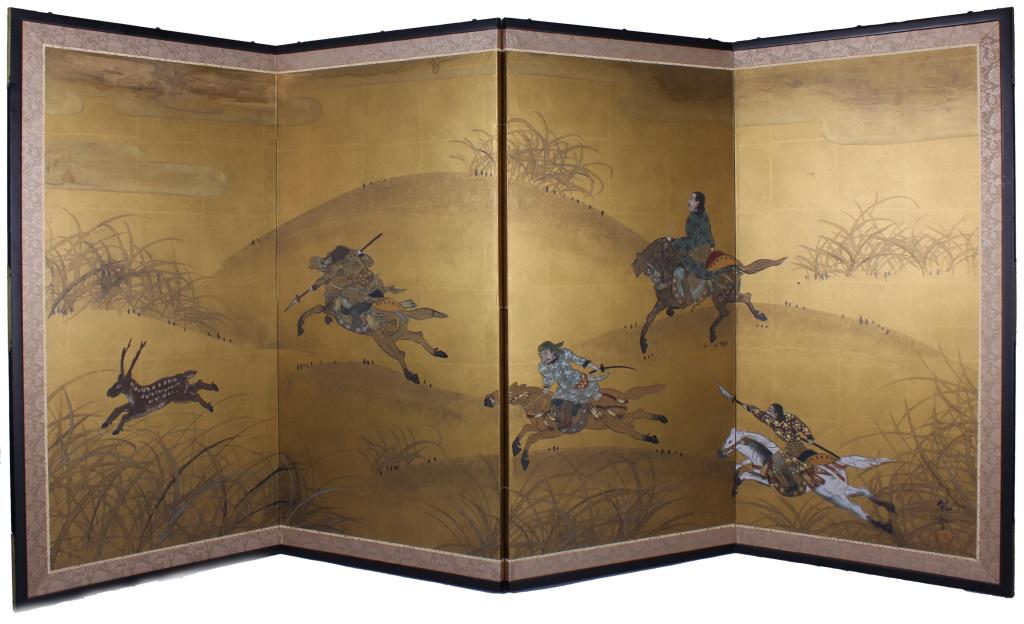 LAN XUE CHINESE SIGNED FOLDING SCREEN PANEL: LAN XUE CHINESE SIGNED FOLDING SCREEN PANEL Chinese folding screen panel wall hanging signed in Chinese "Lan Xue". Made with brass reinforced corners in Japan. Size: 36 X 74" Condition: Very fine