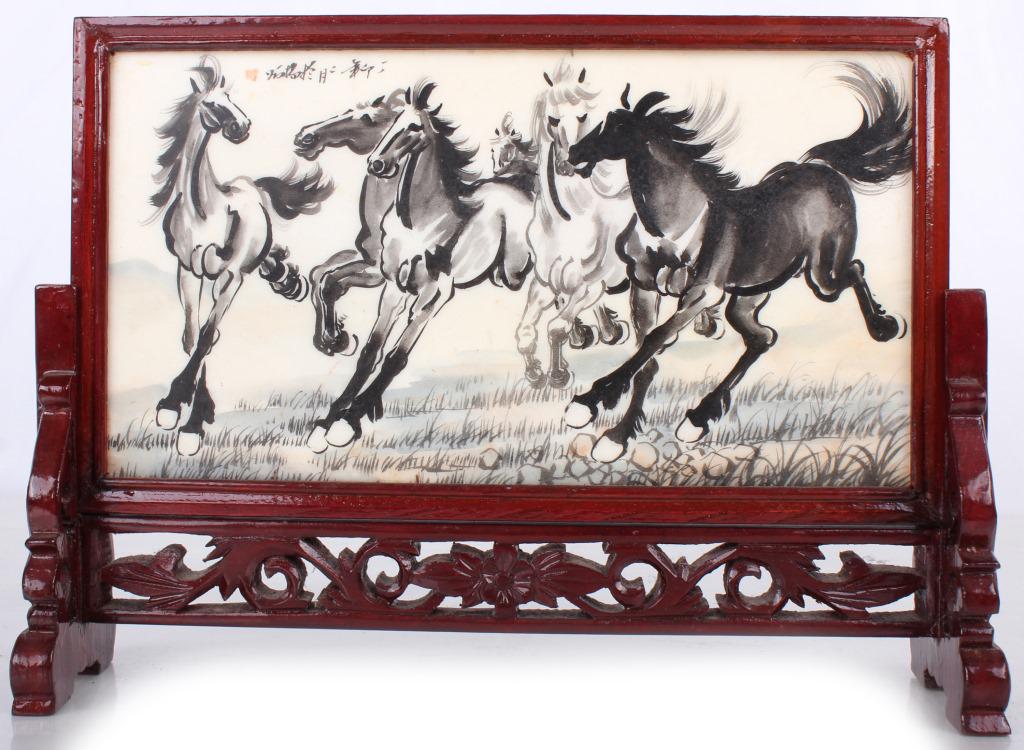 ASIAN PORCELAIN HAND PAINTED TABLE SCREEN: ASIAN PORCELAIN HAND PAINTED TABLE SCREEN Asian porcelain hand painted table screen. One side painted with 6 running horses and Chinese characters, the other side painted with a peacock sitting on a t