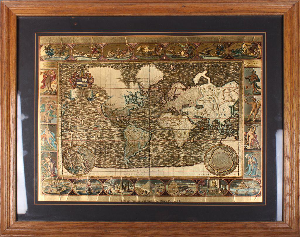MOSES PITT GOLD FOIL MAP ENGRAVING FROM 1681 ORG: MOSES PITT GOLD FOIL MAP ENGRAVING FROM 1681 ORG Moses Pitt (1639 - 1697, British) Gold foil etched world map titled "Nova Totius, Terrarum orbis". Map features geographic nudes lining the sides of th