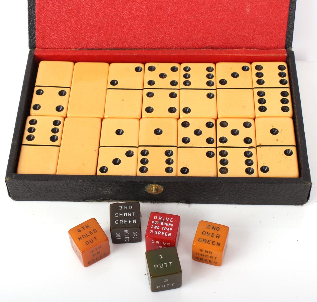 BAKELITE DOMINOES SET & BAKELITE DICE - LOT OF 2: BAKELITE DOMINOES SET & BAKELITE DICE - LOT OF 2 Antique bakelite dominoes set with case with one set of Galloping Golf dice with case. Condition: Dominoes case is damaged.
