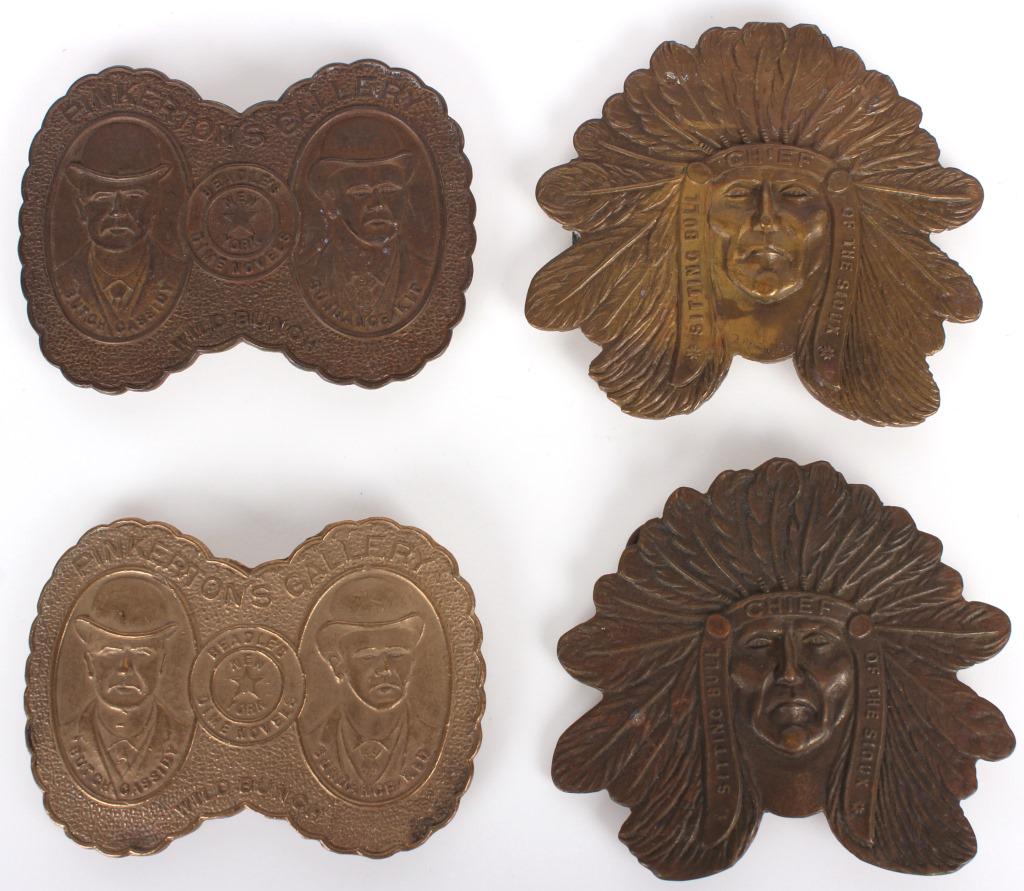 TIFFANY BROADWAY NY BRASS BELT BUCKLES - LOT OF 4: TIFFANY BROADWAY NY BRASS BELT BUCKLES - LOT OF 4 Tiffany Broadway New York brass buckles to include 2 "Sitting Bull Chief of The Sioux" brass belt buckle, and 2 "Pinkertons Gallery Beadle's New York 