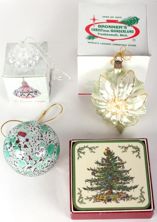 VINTAGE & MODERN CHRISTMAS ORNAMENTS & COASTERS: VINTAGE & MODERN CHRISTMAS ORNAMENTS & COASTERS Christmas ornaments and coasters to include one hand blown art glass ornament, one Jonal crystal Christmas Kiss ornament, one Bronners vintage fiberglas