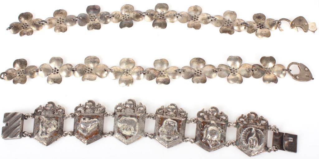 STERLING SILVER LADIES BRACELETS - LOT OF 3: 10108STERLING SILVER LADIES BRACELETS - LOT OF 3 To include: two floral design with locket clasp, and one signed "Silver made in Mexico" with animal motif on copper, ornately made. Weight: 79.9 gramsS