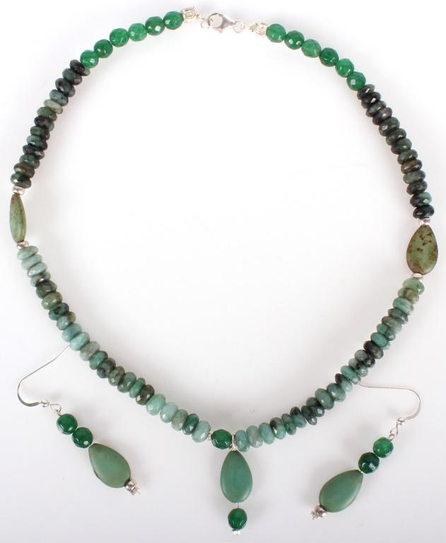 STERLING SILVER JADE JASPER SPINEL JEWELRY SET: 10164STERLING SILVER JADE JASPER SPINEL JEWELRY SET Sterling silver jade jasper spinel jewelry set. Lot to include one spinel, jade, and jasper necklace with a sterling silver wire, and a pair of jasp
